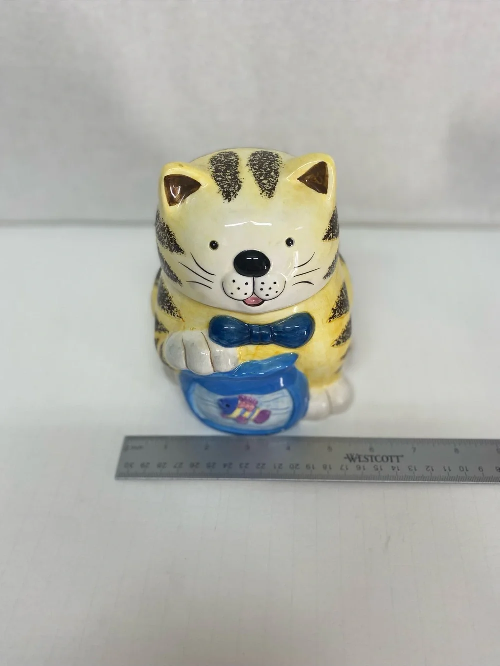BHP@ NY Ceramic Yellow Striped Cat Treat Jar with Lid Blue Bow Whimsical Decor